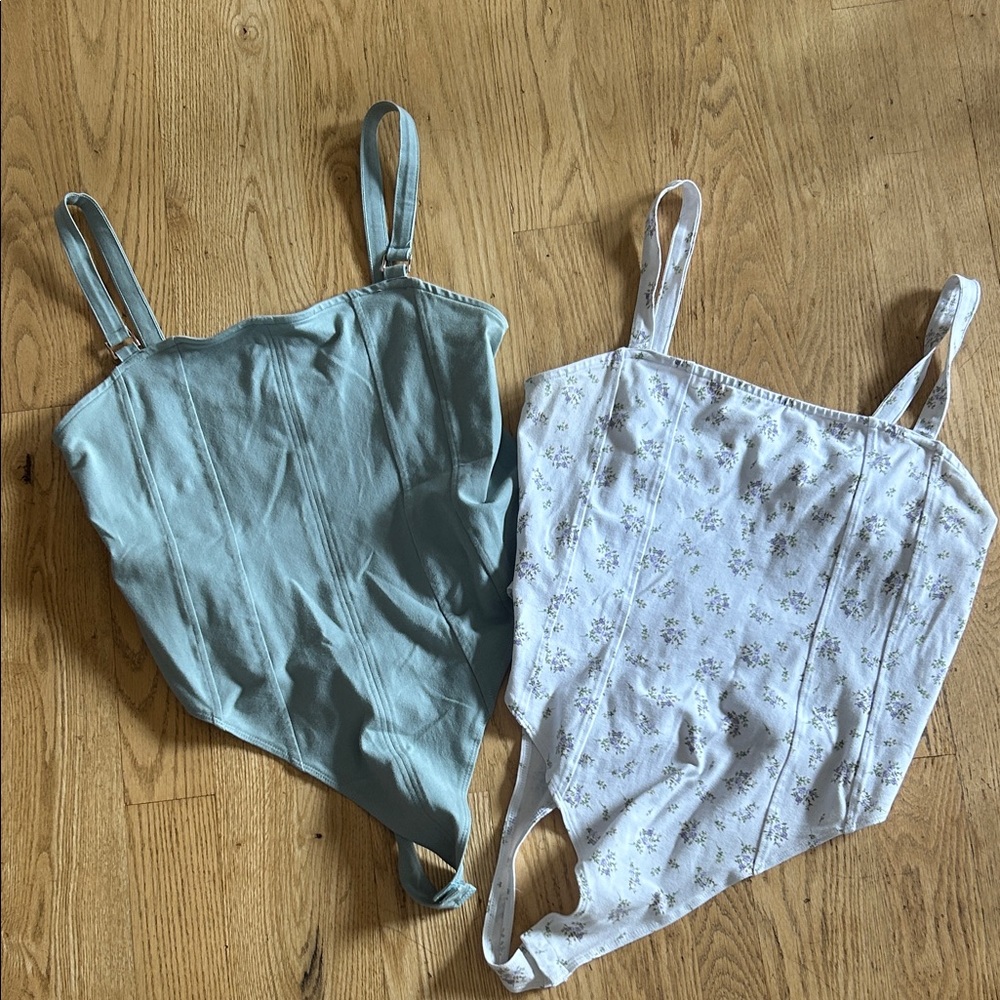 H&M Light Blue and White Floral Bodysuit Duo